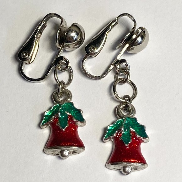 Vintage Christmas Bells Holly Clip On Earrings Red Green Enamel Silver Tone - Picture 3 of 8